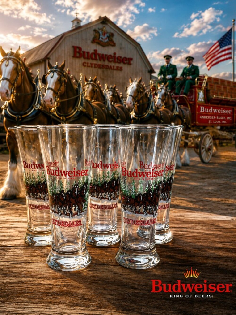 1988 Budweiser Clydesdales Beer Glasses Set of 5 Vintage Barware